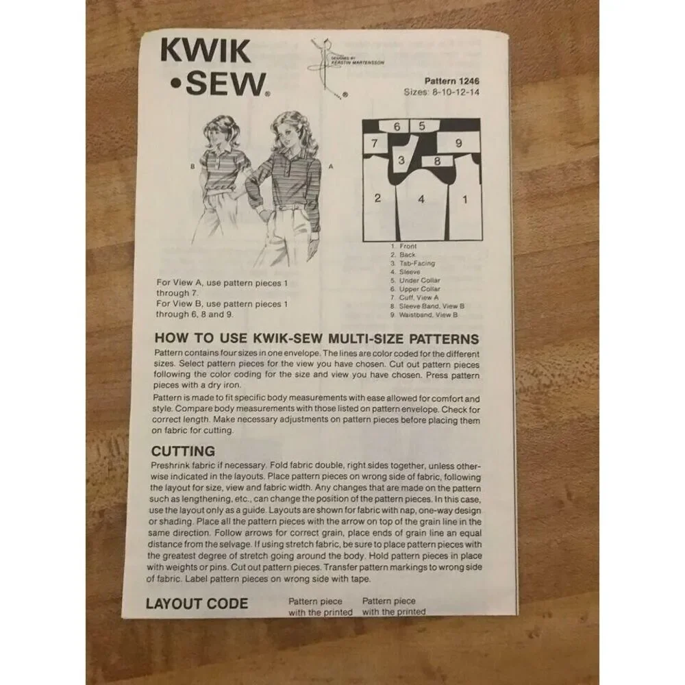 #1246  Kwik Sew childrens girls pullover top, 8-14